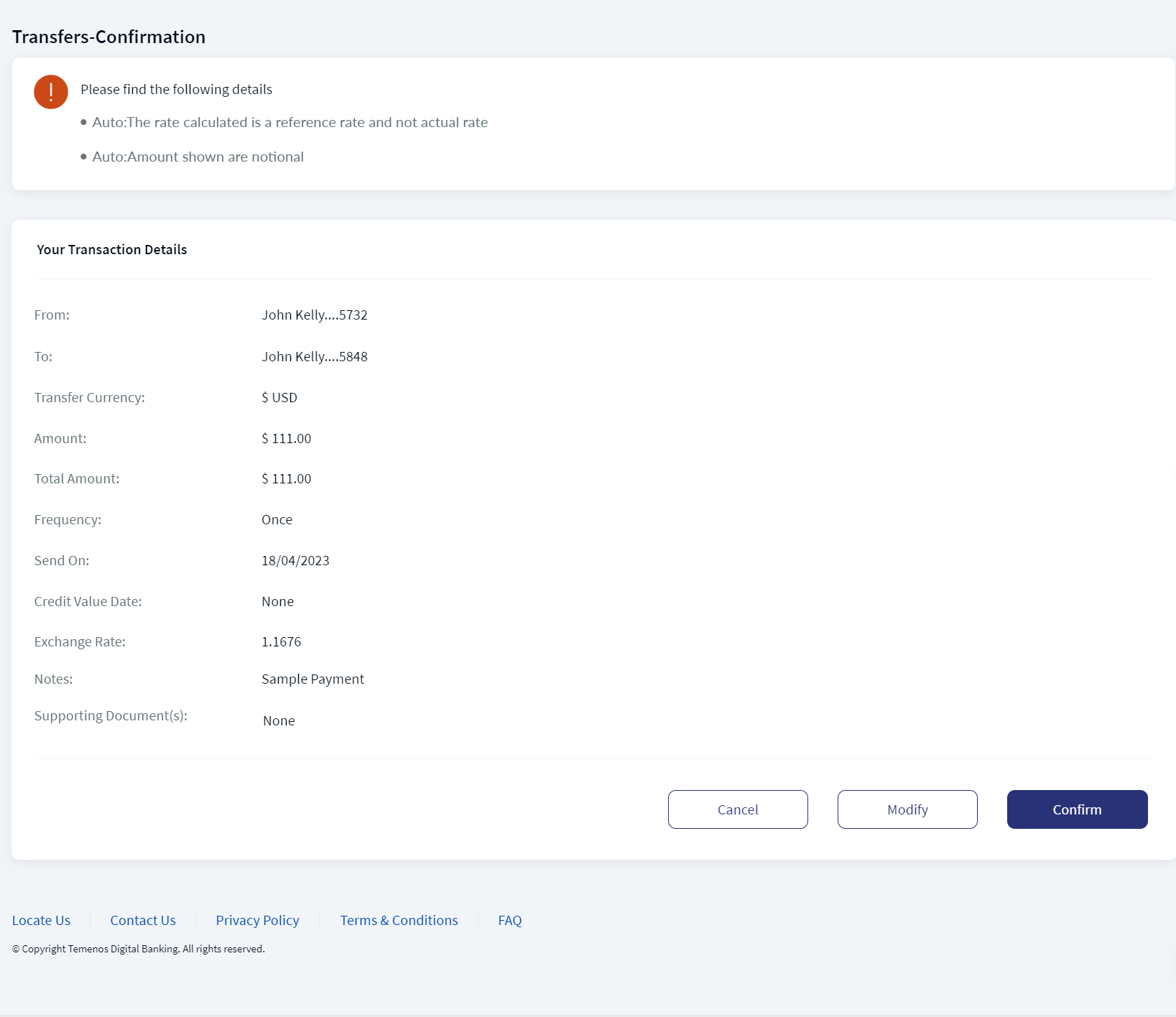 Existing Payee Transfer Confirmation